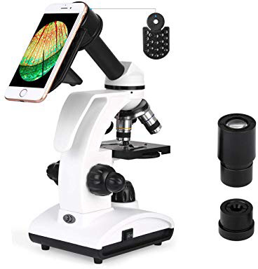 TELMU Microscopio Optico 40-1000X - Microscopio Biologico Monocular con Fuente De Luz LED Y Soporte para Teléfono Móvil