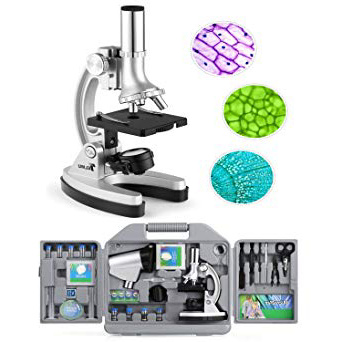 TELMU Microscopio de bolsillo para niños y principiantes, pequeño y brillante, set de accesorios de 70 piezas, 300X-600X-1200X, con iluminación LED y cuchillas, maleta y preparación incluidos