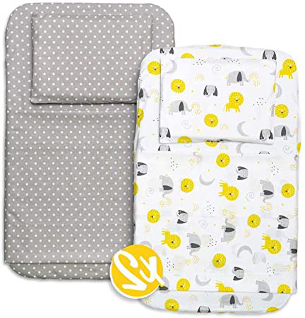 Juego Completo Sabanas Minicuna Colecho 50x83cm | 2 Sabanas Bajeras + 2 Protector Colchon Impermeable + 2 Sabanas + 2 Funda de Almohada | Para Next2Me Ibaby Kinderkraft | Algodon Organico Cert OEKOTEX