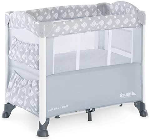 Hauck Sleep'n Care Plus - Minicuna, 5 piezas, con colchón, ruedas, bolsas, barandilla lateral de bajar para acceder al bebe, bolsa de transporte, plegado fácil, gris