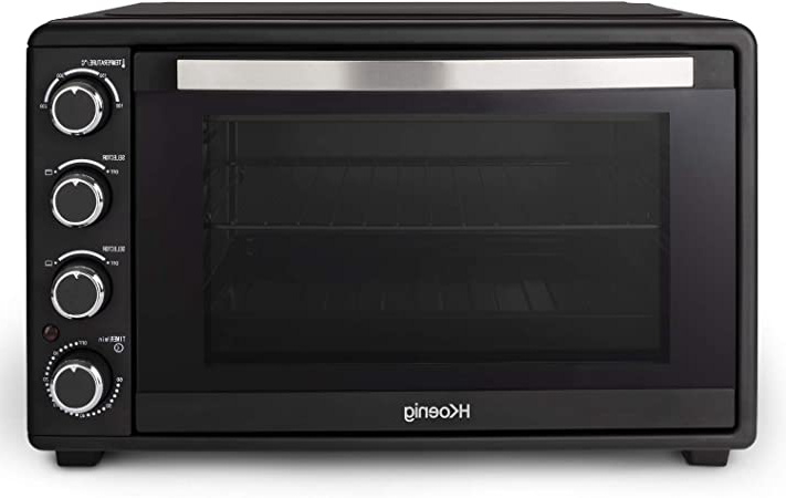 H.Koenig FO45 Horno Electrico Sobremesa, Horno Encimera, Capacidad de 45 Litros, 2000 W, Temperatura hasta 230ºC, Tiempo hasta 60 Mins, Termostato, Acero Inoxidable, Negro