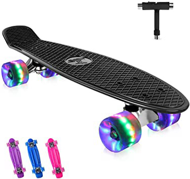 BELEEV Skateboard 55cm/22inch para Principiantes Adultos y Niños, Mini Cruiser Retro Skateboard con All-in-One Skate T-Tool, Monopatín con 4 LED PU Ruedas