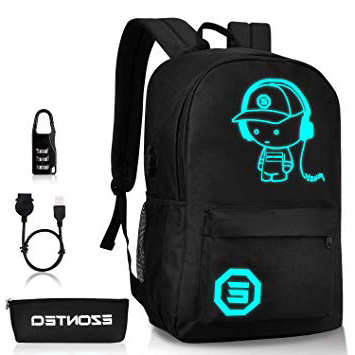 Horsky Bolso ligera de escuela con Impermeable Amortiguar los choques Bolso noctilucente de la computadora Bolsa de viaje con USB Puerto para niño niña chico chica mujer hombre - Negro 35L