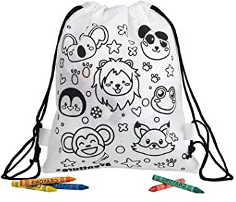 Mochilas para Colorear, Ideal para cumpleaños. | Bolsas Infantiles para Pintar. | Lote de 20 Mochilas con 5 Ceras. | Bolsas de Tela para Pintar por niños