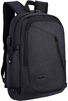 WAWJ Mochila antirrobo Impermeable, Mochila para portátil Multiusos Daypacks con Puerto de Carga USB (Negro)