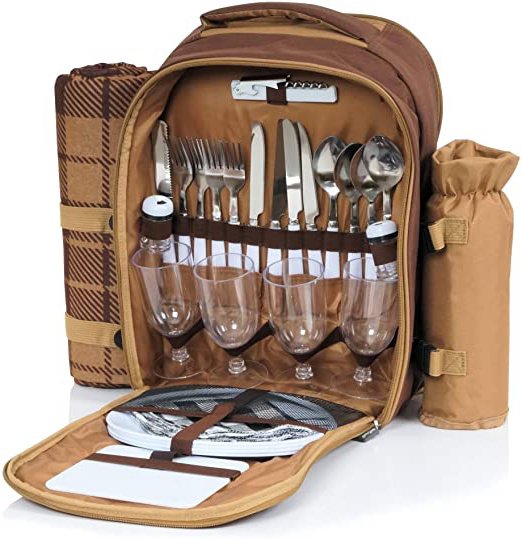 CampFeuer - Mochila de Picnic con manta I 1-4 Personas I 32 PIEZAS I Soporte para Botellas I Térmica I Vajilla I Cubiertos I Color Marrón