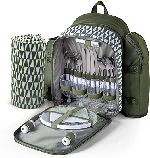 VonShef Mochila Geo Picnic Verde para 4 Personas - Resistente al Agua y Aislada - Picnic/Al Aire Libre/Juego de Comedor Al Fresco para 4 Personas