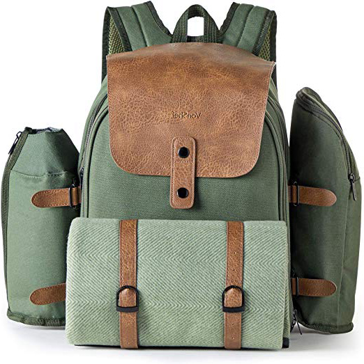 VonShef Mochila de Aventura para 4 Personas - Bolso de Picnic Color Caqui Verde - Comida para 4 Que Incluye Manta Impermeable, Juegos de Cubiertos, Vasos de Plástico para Vino, Saleros y Pimenteros