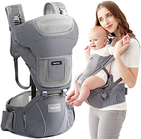 Upchase Mochilas Portabebés Ergonómica, 6 in 1 Multifuncional Ajustable, Multiposición Dorsal y Ventral, Algodón Puro Ligero y Transpirable, con Asiento de Cadera Desmontable, (0 a 36 Meses) Gris