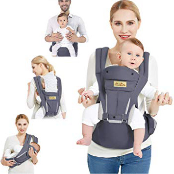 Viedouce Mochila Portabebes Ergonómico Multifuncion Transpirable,Algodón Puro Ligero,Portabebés Con Capucha de Sueño Extraíble en La Espalda Con Correas de Hombro Suaves (0-48meses) (Gris Oscuro)