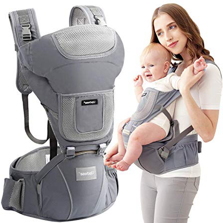 Upchase Mochilas Portabebés Ergonómica, 6 in 1 Multifuncional Ajustable, Multiposición Dorsal y Ventral, Algodón Puro Ligero y Transpirable, con Asiento de Cadera Desmontable, (0 a 36 Meses) Gris