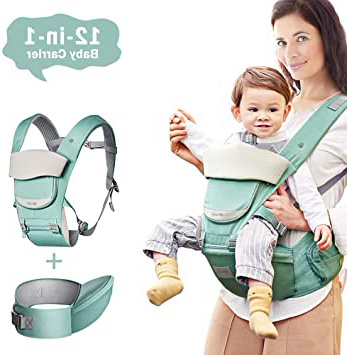 Mochila Portabebes 12 en 1 Portabebes Ergonómico Multifuncional Suave Transpirable Portabebés con Asiento de Cadera Antideslizante, Capucha para la Cabeza, Baberos, Bolsillo Frontal Desmontable