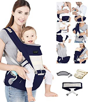Azeekoom Mochila Portabebés Ergonómica con Asiento de Cadera, Correa de fijación, Baberos, Correa para el Hombro, Capucha para la Cabeza para Niños Pequeños Recién Nacidos 0 a 36 Meses (Azul oscuro)