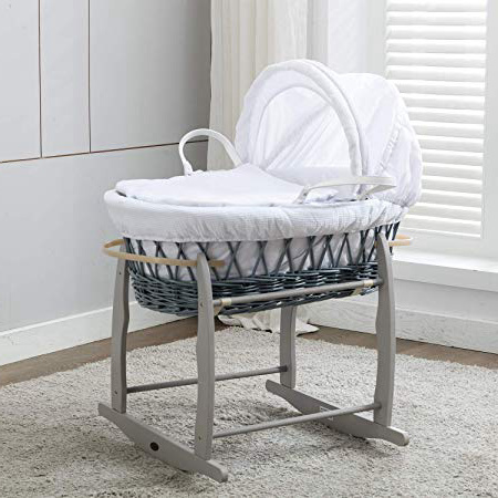 Mcc® Moisés cesta para Bebé recién nacido cesta de mimbre gris con sábanas blancas en 100% algodón Waffle y colchón (color gris)