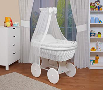 WALDIN Cuna Moisés, carretilla portabebés XXL,18 modelos a elegir,Madera/ruedas lacado en blanco,color textil blanco