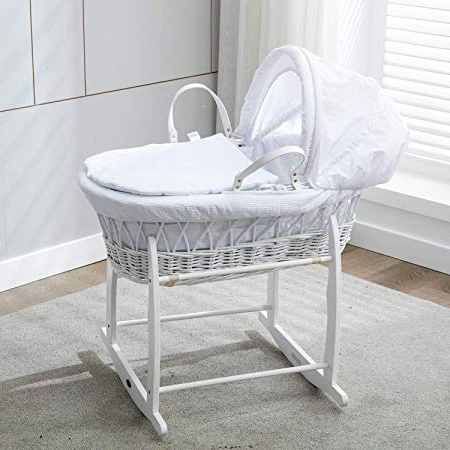 Mcc® Moisés cesta para Bebé recién nacido cesta blanca de mimbre con sábanas blancas en 100% algodón Waffle y colchón (color blanco)