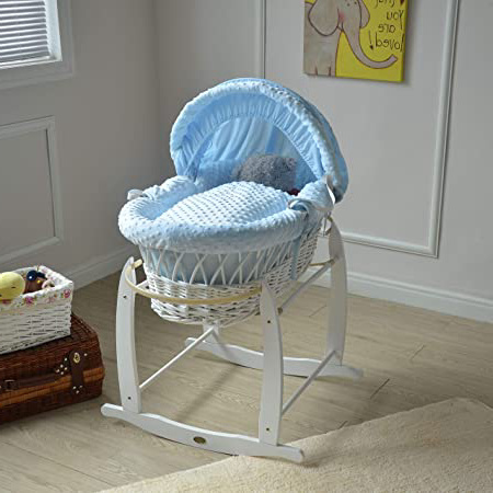 Mcc® Moisés cesta para Bebé recién nacido cesta de mimbre blanca con sábanas azules en 100% algodón Waffle y colchón (color azul)