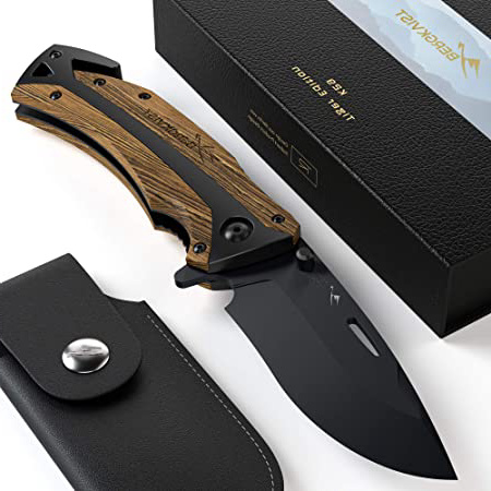BERGKVIST® Navaja de Bolsillo K29 Tiger 3-en-1 Navaja Plegable I Navajas de albacete con Mango de Madera I Cuchillo de Caza con Funda & afilador (K29 Tiger)
