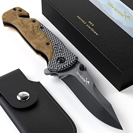 BERGKVIST® Navaja de Bolsillo 3-en-1 K39 Waldholz Navaja Plegable Afilada y Cuchillo de Caza I Navajas de albacete con Piedra de afilar y Funda para cinturón
