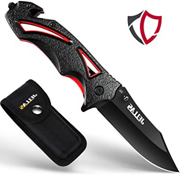 Jellas Cuchillo Plegable de Bolsillo 3-1 Navaja para Hombres y Mujeres 7Cr17 Acero Inoxidable, Cuchillo de Supervivencia de Aluminio y Bolsa de Cinturón, para Pesca, Senderismo, Camping