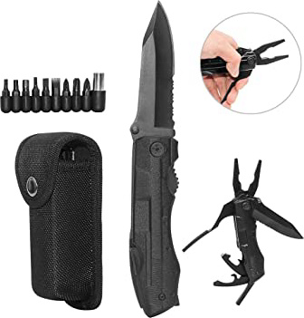 Navaja Multiuso de Bolsillo 5-en-1 VINSIC - Navaja Plegable Multifunción Kit de Alicates, Llavero en Acero Inoxidable en Color Negro Duradero Ideal para Supervivencia al Aire Libre/Camping/Pesca/Caza
