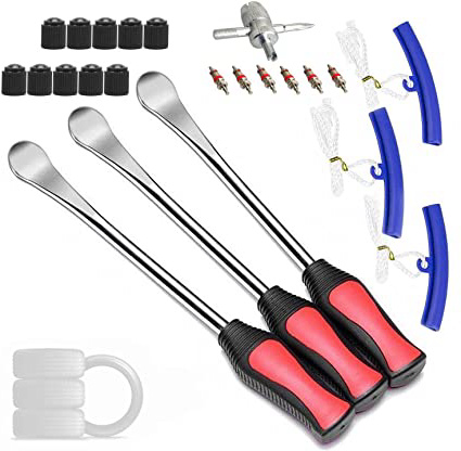 ANGNYA Desmontadores de Neumático Kits 29 cm, Palanca de Neumático de Moto, 3 Pcs Palancas de Neumáticos con 3 Protectores de llanta, 1 núcleo de válvula y 10 Tapas de neumáticos