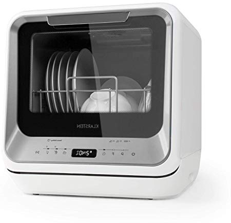 Klarstein Amazonia Mini - Lavavajillas, Máquina lavaplatos, 6 programas: eco, una hora, rápido, fruta, desinfección por calor, vidrio, Necesita 5 litros de agua, Pantalla LED, Táctil, Plateado