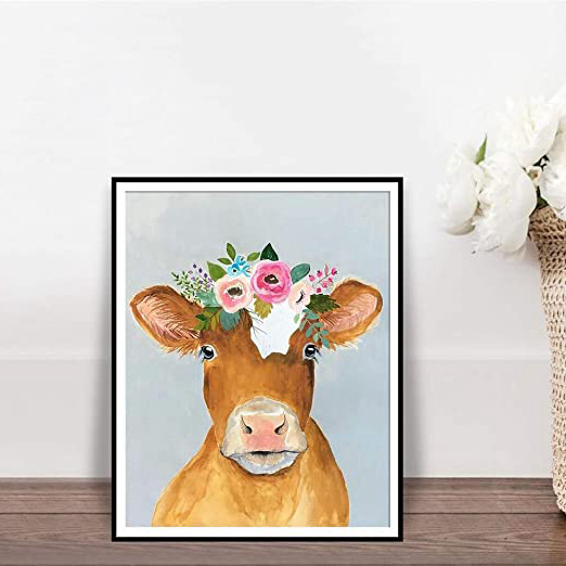 Geiqianjiumai Home Style Cow Flower Crown Farm Children Poster Prints Animal Canvas Painting Nursery Wall Art Frameless Painting 52x72cm