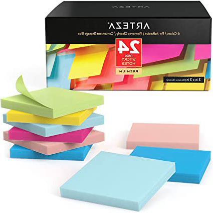 Arteza Notas adhesivas 76 mm x 76 mm | 24 tacos de 100 hojas | Paquete de posits de colores surtidos | Reutilizables sin dejar marca | para la oficina y el hogar