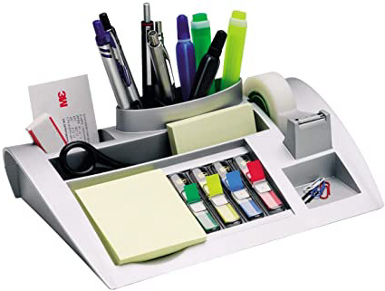 3M Post-it C50 - Organizador de escritorio – Incluye 1 bloc de notas, 4 x 35 Marcadores Index y 1 cinta adhesiva Scotch Magic – Dispensador de notas – Portalápices – color plateado