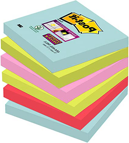 Post-It 70005291227 - Post-it Super Sticky - Pack de 6 blocs notas adhesivas colección "Nuevos colores nuevos lugares", Miami (Azul Marina/Verde Neón/Rosa Neón/Rojo Amapola)