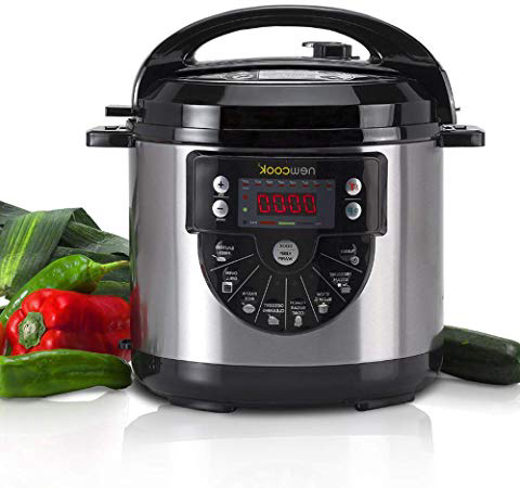 NEWCOOK Olla Programable Newcook Delicious Negra, Olla a Presión Multifunción Eléctrica con Voz, 15 Funciones, 1000W,6 l, 4 Niv. Presión,Cubeta con recubrimiento cerámico. Accesorio para Freír