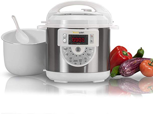 NEWCOOK Olla Programable Newcook Delicious Blanca, Olla a Presión Multifunción Eléctrica con Voz, 15 Funciones, 1000W,6 l, 4 Niv. Presión,Cubeta con recubrimiento cerámico. Accesorio para Freír