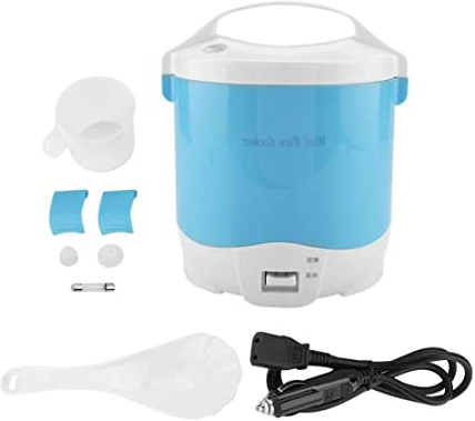 Arrocera mini de 1.6 litros, 24 V 180 W Arrocera eléctrico de alimentos Fiambrera portátil para calentar alimentos con cazo extraíble Olla de vapor Cuchara para medir la taza para Camión, (Blue)