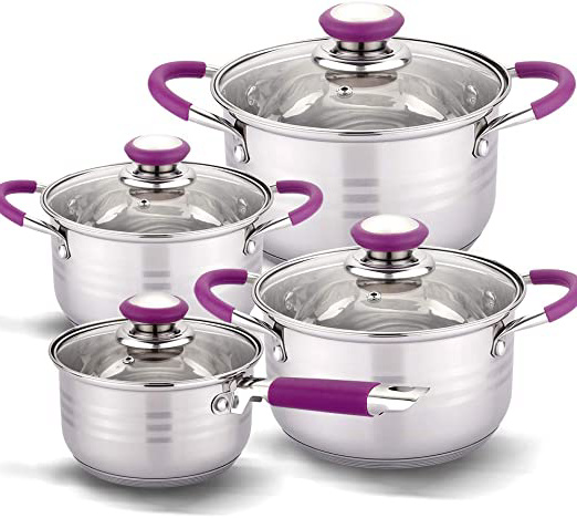 GRIDINLUX. Batería de cocina. 8 piezas de Alta Gama, Resistente. Acero Inoxidable, Material Alta Calidad, Set Antiadherente, Asas Silicona, Juego Cacerolas Resistentes, Todo tipo de Cocinas