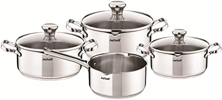 Tefal A705A835 Duetto - Set de 4 Piezas, Cazo de 16 cm, Cacerolas de 16/20/24 cm y 3 Tapas de Cristal con Función Escurridor, Acero Inoxidable