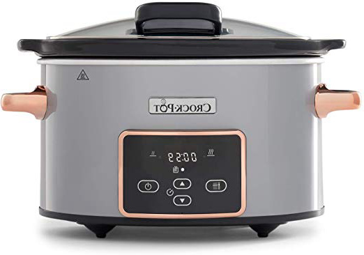 Crock-Pot CSC059X - Olla de cocción lenta eléctrica con tapadera abatible, pantalla digital programable, 3.5 l (2-3 personas), función de mantenimiento del calor, color plata y cobre