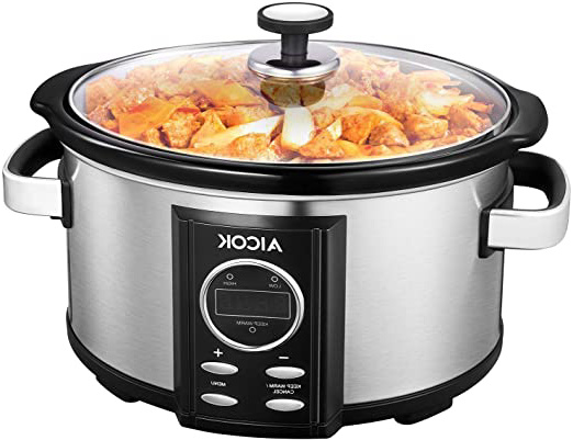 AICOK Olla de Cocción Lenta, 6.5l Slow Cooker Temporizador Digital y 3 Configuraciones de Temperatura, Olla Coccion Lenta Tapa de Vdrio y Olla de Cerámica, Plata, 315W (6.5 litros)