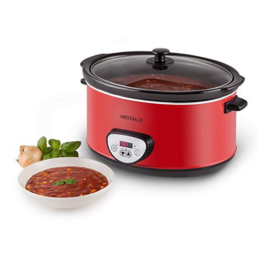 Klarstein Banquet - Olla de cocción Lenta, Olla Lenta, 6,5 l, 320 W, Temporizador, Panel de Control con Pantalla Digital, Interior de cerámica, Tapa de Vidrio, Apto para lavavajillas, Rojo