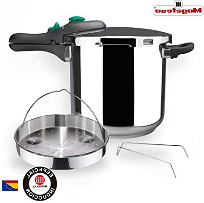 MAGEFESA Dynamic Olla a presión Super rápida de fácil Uso, Acero Inoxidable 18/10, Apta para Todo Tipo de cocinas, Incluido inducción. Pack Exclusivo Olla+Cestillo. (6 litros)