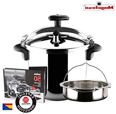 MAGEFESA STAR Olla a presión rápida. Pack exclusivo Olla+Cestillo+Libro de recetas. Fácil uso, acero inoxidable 18/10, apta para todo tipo de cocinas, incluido inducción, 3 sistemas de seguridad. (4L)
