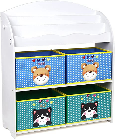 Estantería Infantil para Almacenaje Juguetes Libros Librería Infantil Organizador para Niños con 4 Cajas 3 Estantes 82.5x29.5x97.5cm