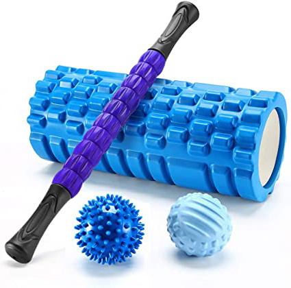Finether-Rodillo de Espuma para Masaje Muscular Foam Roller Kit de Masajeador Bola de Masaje Rodillo de Palo para Masaje, Azul