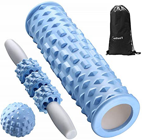 Finether Rodillo de Espuma 3 en 1 para Masaje Muscular, Foam Roller, Juego de Masajeador con Bola de Masaje Rodillo de Palo para Masaje, Azul Bebé