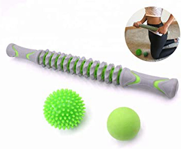 Bafeat Pro | Rodillo de masaje muscular palo con 2 pelotas Lacrosse | Liberación miofascial | Set completo para dolor de pies, piernas, espalda y cuello.+ Ebook con instrucciones de uso.