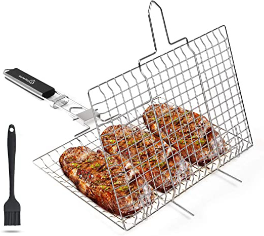 WolfWise Barbacoa Parrilla Portátil Plegable Acero Inoxidable Cesto Pescado Parrilla,L