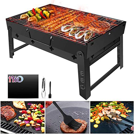 Barbacoa Portátil GolWof Barbacoa Plegable Barbacoa de Acero Inoxidable Barbacoa Carbón Parrilla con BBQ Tapete, BBQ Clip y Cepillo de Aceite para Jardín Exterior Campamento Picnic 44*29*23cm