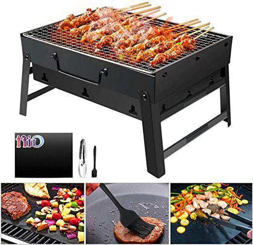 GolWof Barbacoa Portátil Barbacoa Plegable Barbacoa de Acero Inoxidable Barbacoa Carbón Parrilla con BBQ Tapete, BBQ Clip y Cepillo de Aceite para Jardín Exterior Picnic Campamento