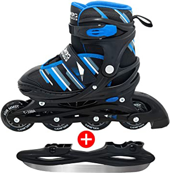 DEHLZER Patines en Líneas para Niños y Adultos – Convertible en Patines de Hielo – Bolsa de Transporte Incluida, Tamaño Ajustable, Negro y Azul o Blanco y Rosa para Chicos y Chicas