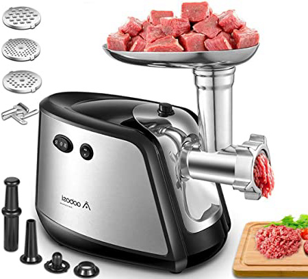 Aobosi Picadora de Carne Eléctrica, 1200W Max, 3-IN-1 Salchicha y Máquina Picadora Carne con 3 Placas de Molienda,Embutidora de Salchichas, Función inversa, Motor de cobre, Acero Inoxidable